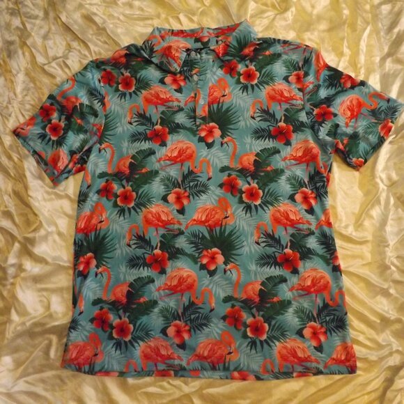 Yatta Golf Flamingo Polo Shirt Tropical Floral Print Golfing size Large - Picture 1 of 7